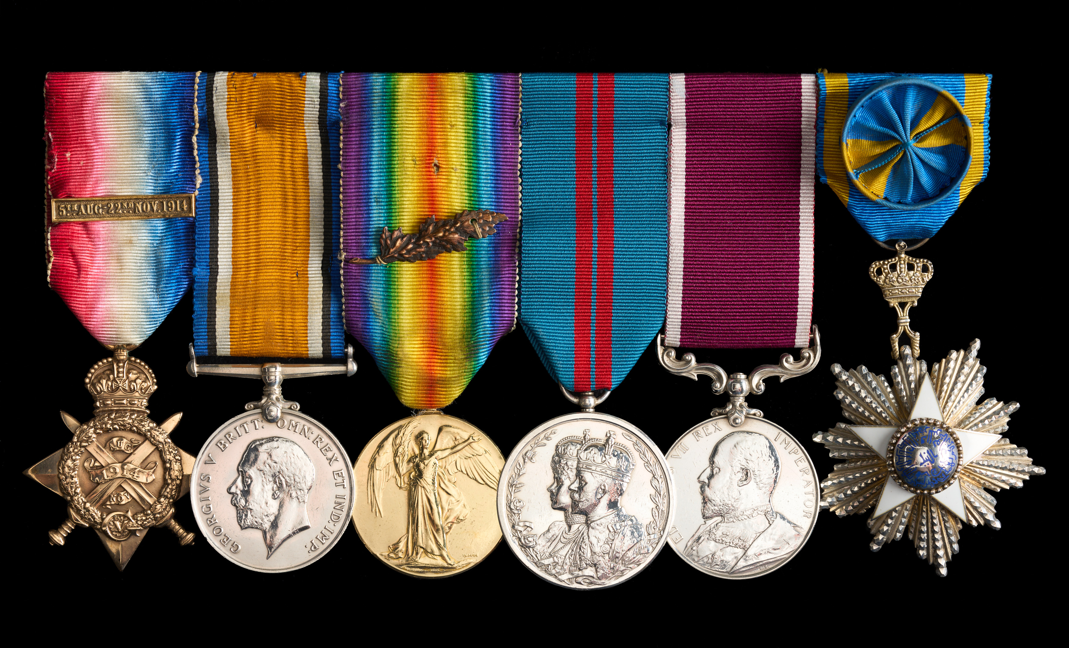 Patrick O’Brien : (L to R) 1914 Star; British War Medal; Allied Victory Medal with oak leaf; Delhi Durbar medal; Long Service and Good Conduct Medal; Order of the Nile
